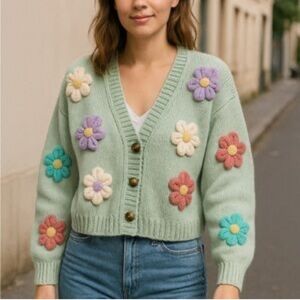 Luna & Ivy Anthropologie Crochet Knit 3D Floral Cardigan S